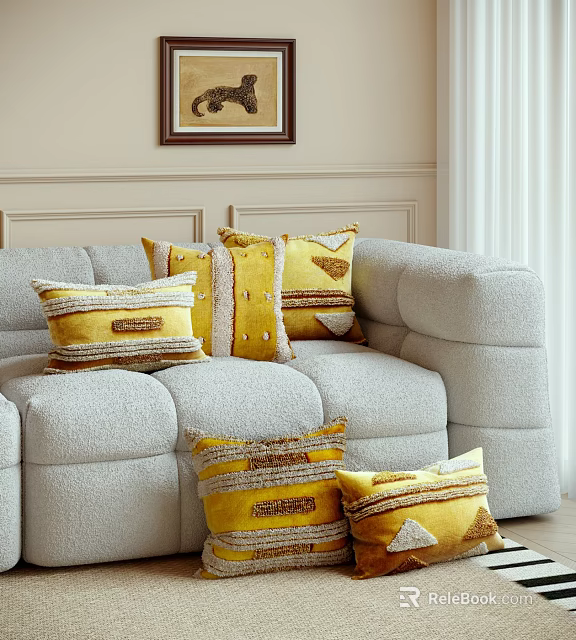 Cozy Living Room Interior With Light Gray Sofa And Yellow Patterned Decorative Pillows 3d model