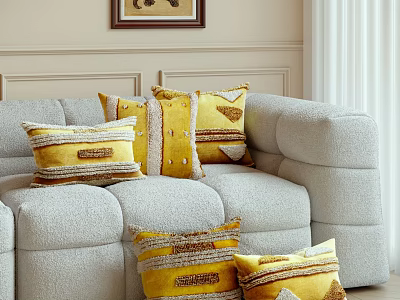 Cozy Living Room Interior With Light Gray Sofa And Yellow Patterned Decorative Pillows 3d model