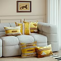Cozy Living Room Interior With Light Gray Sofa And Yellow Patterned Decorative Pillows 3d model