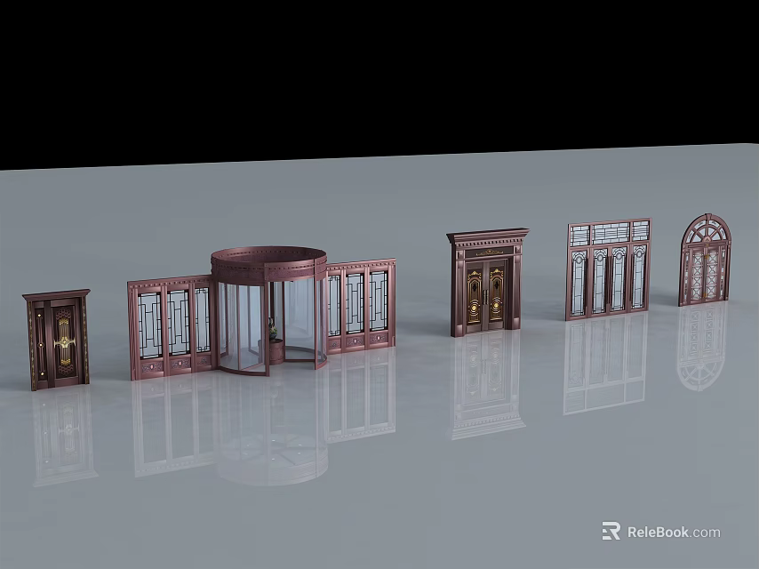 Various Dark Brown Wooden Doors With Glass Panels And Reflections On Gray Floor 3d model 