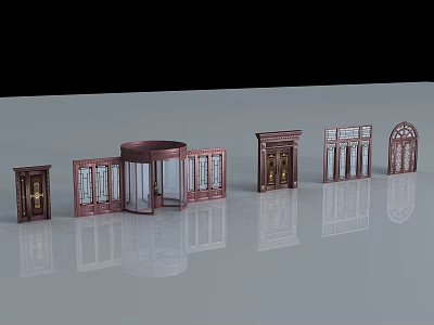 Various Dark Brown Wooden Doors With Glass Panels And Reflections On Gray Floor 3d model