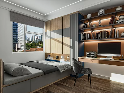 Modern Tatami Bedroom Interior With City View Window Wooden Bookshelf Study Desk And Chair 3d model