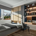 Modern Tatami Bedroom Interior With City View Window Wooden Bookshelf Study Desk And Chair
