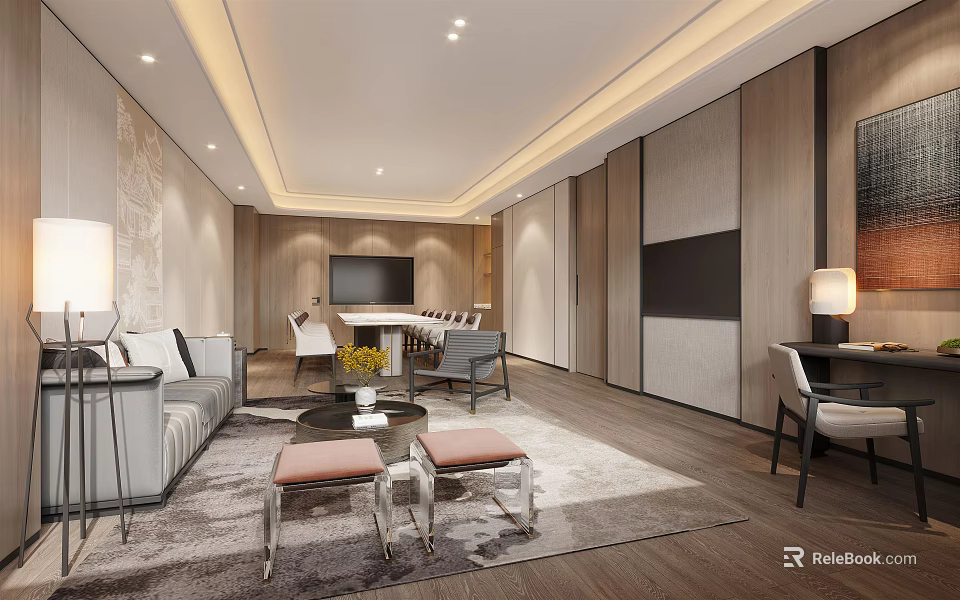 Modern Luxury Conference Room With Sofa TV Meeting Tables Chairs Wooden Floors And Soft Lighting 3d model 