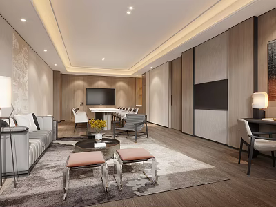 Modern Luxury Conference Room With Sofa TV Meeting Tables Chairs Wooden Floors And Soft Lighting 3d model