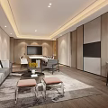 Modern Luxury Conference Room With Sofa TV Meeting Tables Chairs Wooden Floors And Soft Lighting