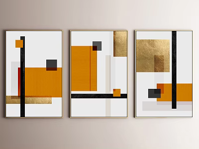 Modern Abstract Paintings With Geometric Shapes In Orange Gold Black And White 3d model