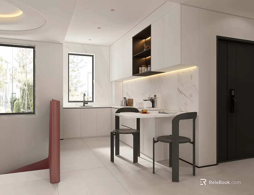 Modern Kitchen Interior Design Featuring White Cabinets Marble Counter With Stools Windows And Strip Lights 3d model