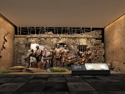 Cultural Center Historical Exhibition With Brick Wall Sculptures And Display Case 3d model