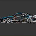 Blue Modified Race Car With Aerodynamic Rear Spoiler And Racing Stickers