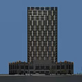 Tall Modern Hotel Building With Glass Facade Ornamental Base And Blue Rooftop