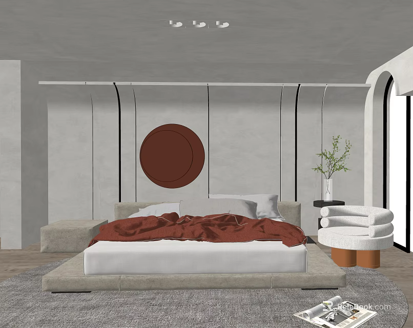 Modern Minimalist Bedroom Interior With Background Double Bed Red Blanket Round Decor And Green Plant 3d model 