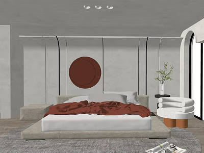 Modern Minimalist Bedroom Interior With Background Double Bed Red Blanket Round Decor And Green Plant 3d model
