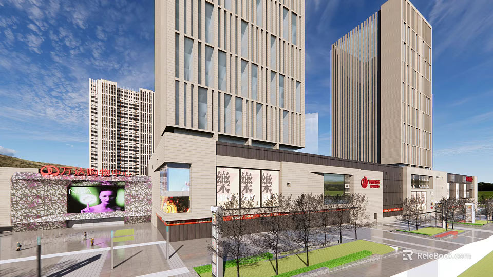 Modern Commercial Street With High Rise Buildings Retail Shops Billboards And Green Landscaping 3d model 