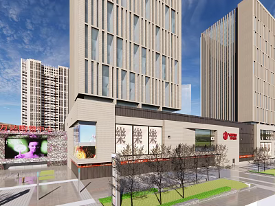 Modern Commercial Street With High Rise Buildings Retail Shops Billboards And Green Landscaping 3d model