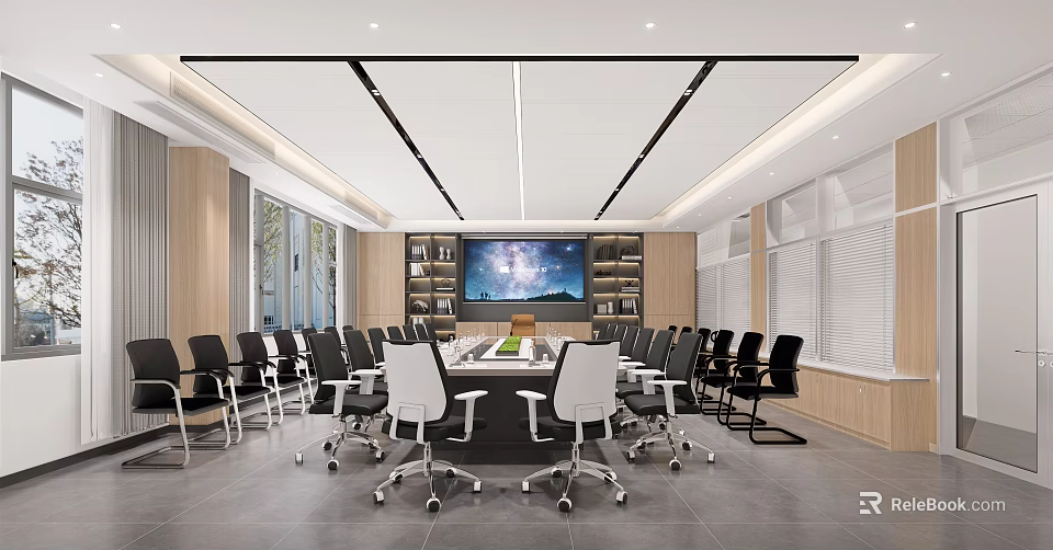 Modern Conference Room Interior With Long Table Multiple Chairs Large Screen Bookshelves And Wooden Walls 3d model 