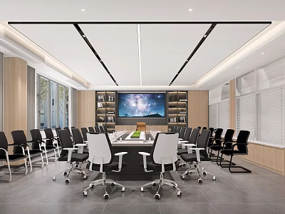 Modern Conference Room Interior With Long Table Multiple Chairs Large Screen Bookshelves And Wooden Walls 3d model