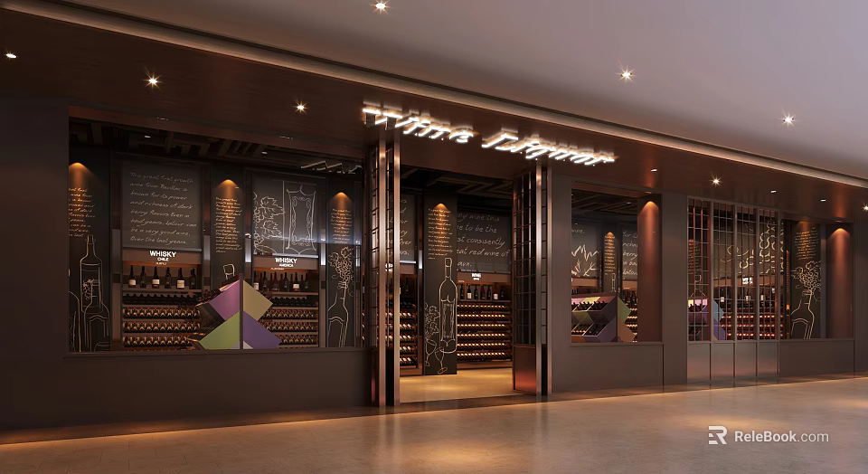 Modern Liquor Store Interior Exterior Design With Wine Racks Display Shelves And Lighting 3d model 