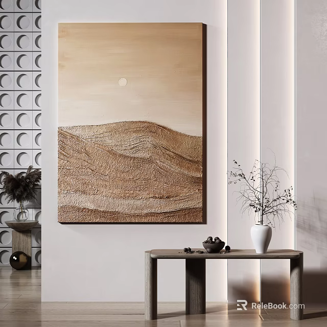 Abstract Mountain Moon Painting In Beige Brown Tones With Circular Pattern Wall And Side Table 3d model