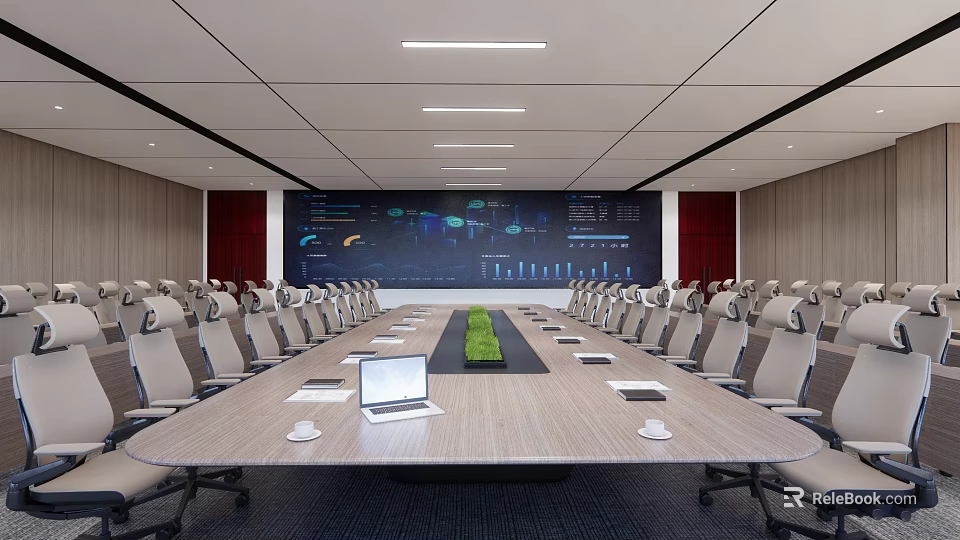 Modern Conference Room With Long Conference Table Laptop Green Plant And Data Screen 3d model 
