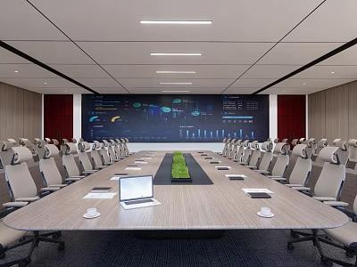 Modern Conference Room With Long Conference Table Laptop Green Plant And Data Screen 3d model