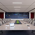 Modern Conference Room With Long Conference Table Laptop Green Plant And Data Screen