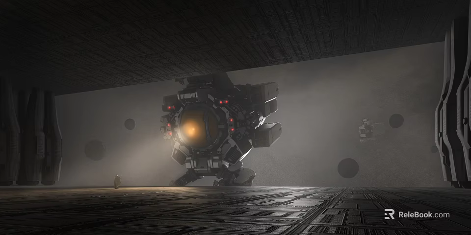 Giant Sci Fi Mechanical Structure With Glowing Yellow Core Red Lights And Textured Floor 3d model 