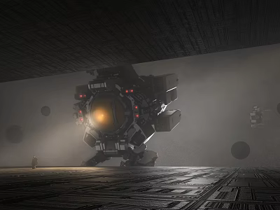 Giant Sci Fi Mechanical Structure With Glowing Yellow Core Red Lights And Textured Floor 3d model