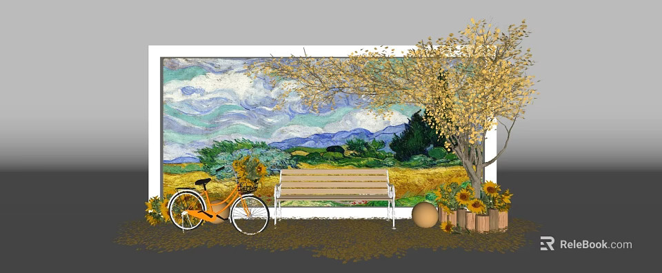 Van Gogh Themed Window Display With Wheat Field Bench Bicycle And Sunflowers 3d model 