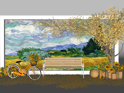 Van Gogh Themed Window Display With Wheat Field Bench Bicycle And Sunflowers 3d model