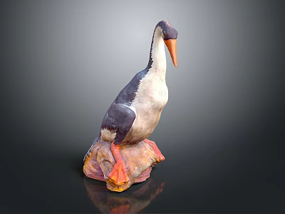 Gray And White Bird Sculpture With Orange Beak Feet On Colorful Rock Base 3d model