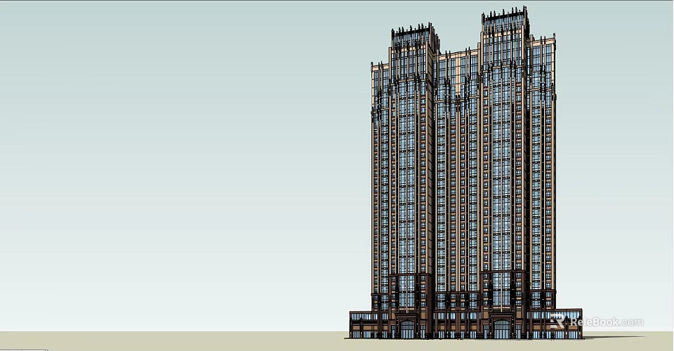 Twin Modern Classical High Rise Building Exterior With Glass Windows And Podium Base 3d model 