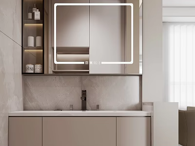 Elegant Modern Bathroom Vanity With Backlit Mirror Marble Sink Countertop Storage 3d model