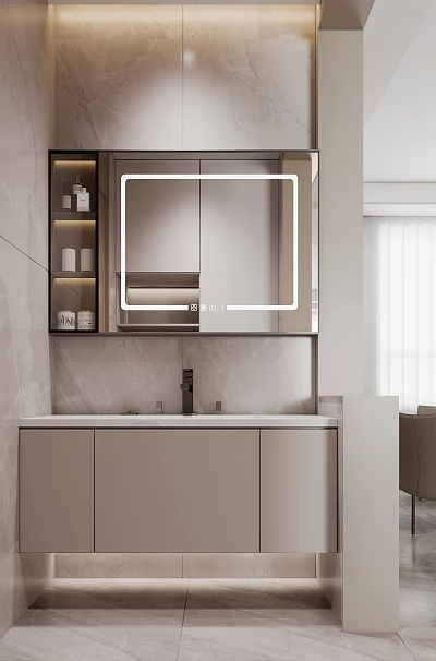 Elegant Modern Bathroom Vanity With Backlit Mirror Marble Sink Countertop Storage 3d model