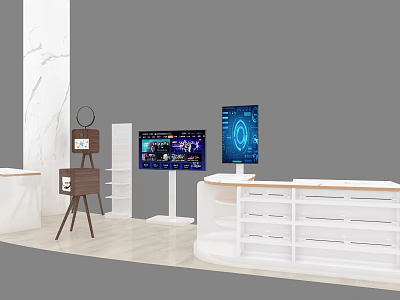 Modern Decorative Ornament Set with Display Stands Screens and White Cabinets 3d model