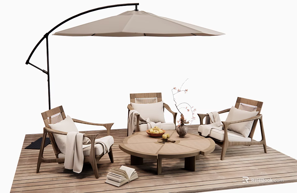 Wooden Outdoor Chairs With Armrests And Cushions Near Round Table And Umbrella 3d model 