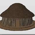 Traditional Round Thatched Roof Building With Wooden Walls And Earthen Base