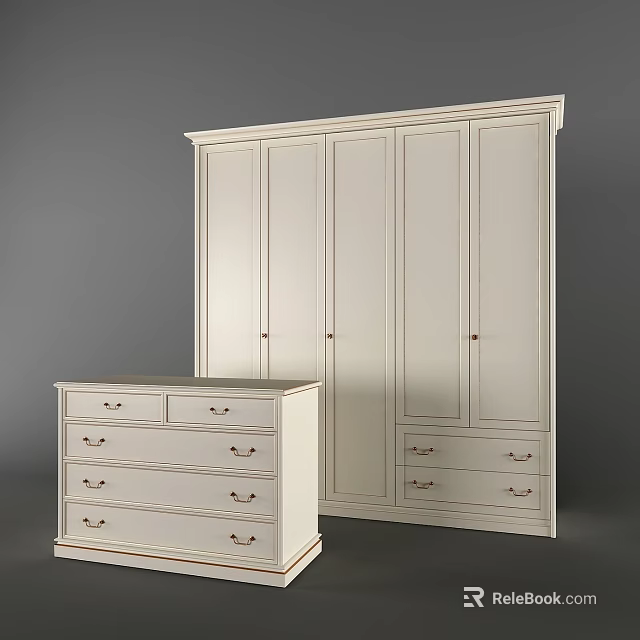 White Multi Door Wardrobe with Drawers and Matching Chest of Drawers 3d model 