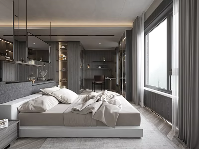 Modern Bedroom Interior With Large Bed Floor To Ceiling Window And Gray Tones Bookshelves 3d model