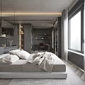 Modern Bedroom Interior With Large Bed Floor To Ceiling Window And Gray Tones Bookshelves