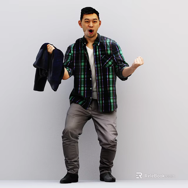 Man in Green Plaid Shirt Holding Dark Jacket with Surprised Expression Against Gray Background 3d model 