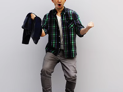 Man in Green Plaid Shirt Holding Dark Jacket with Surprised Expression Against Gray Background 3d model