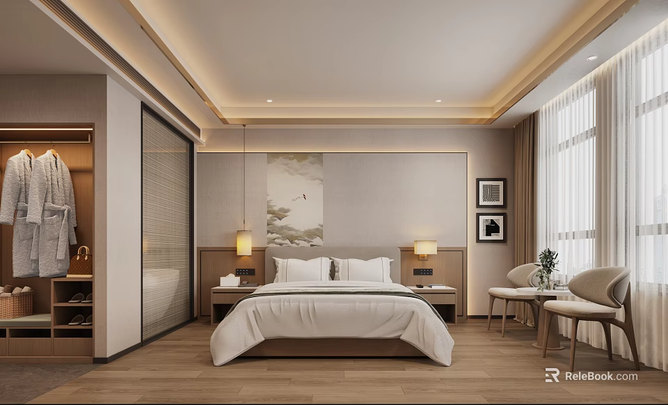 Hotel Guest Room Interior with King Bed Wooden Floor and Decorative Wall Art 3d model 
