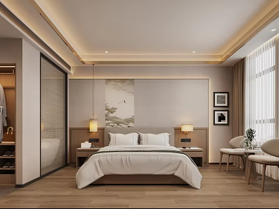 Hotel Guest Room Interior with King Bed Wooden Floor and Decorative Wall Art 3d model