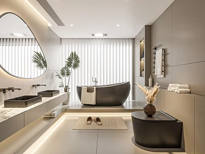 Modern Bathroom Interior Design With Double Sinks Marble Countertops And Freestanding Bathtub 3d model