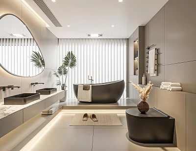 Modern Bathroom Interior Design With Double Sinks Marble Countertops And Freestanding Bathtub 3d model
