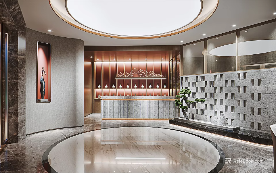 Luxurious Hotel Lobby Interior With Round Ceiling Marble Floor And Reception Desk 3d model 