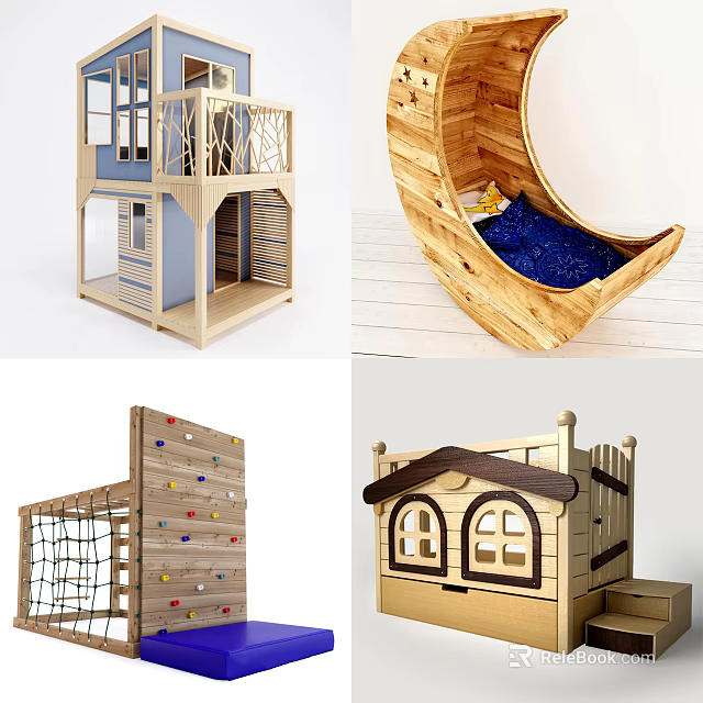 Wooden Kids Bed With Loft Crescent Shape Climbing Wall And House Design 3d model 