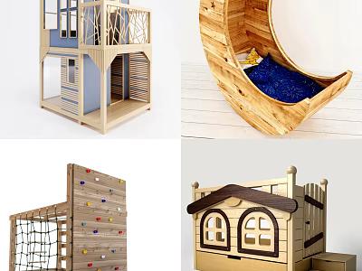 Wooden Kids Bed With Loft Crescent Shape Climbing Wall And House Design 3d model