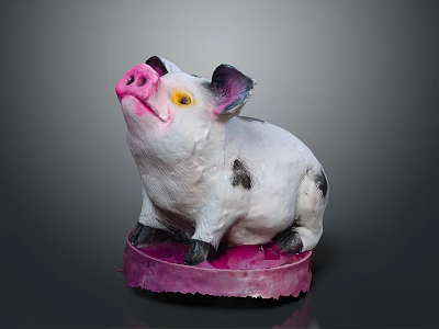 Pig Shaped Decorative Figurine Set With White Black Spots Pink Nose Purple Ears Pink Base 3d model